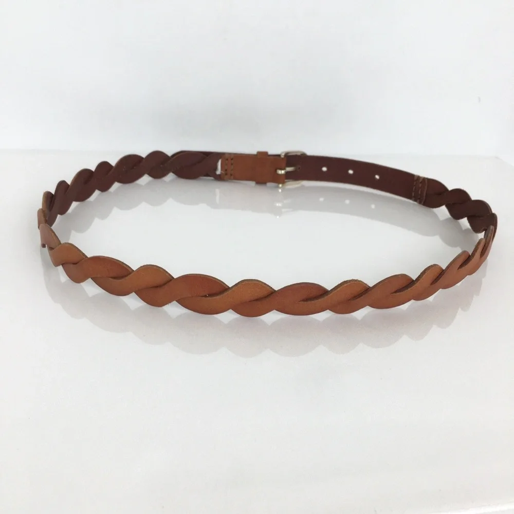 Women’s Thin Brown Twisted Braided Leather Belt Preppy